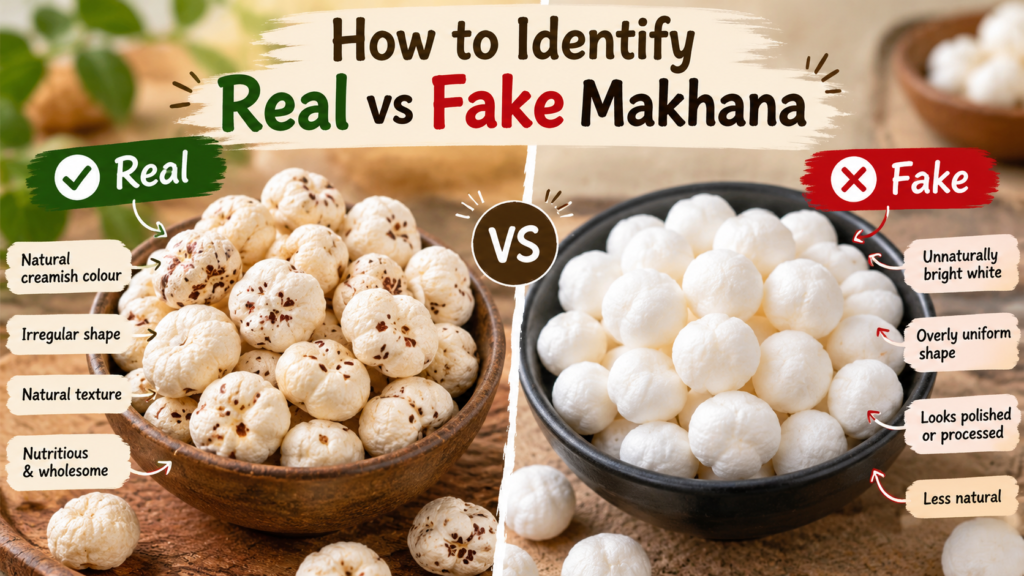 Real vs fake makhana comparison showing differences in quality and appearance